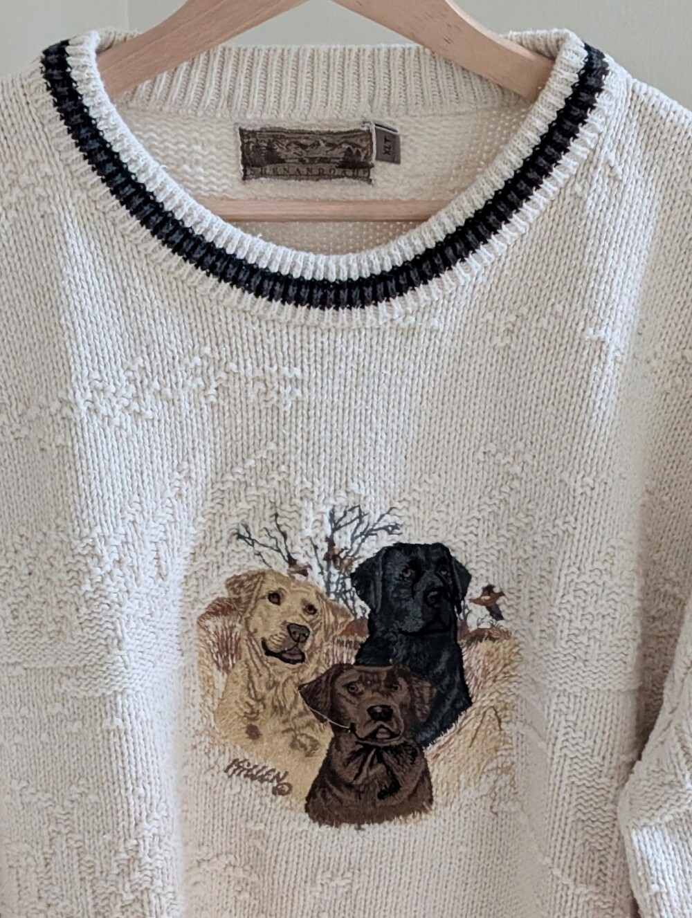 Vintage Chunky Embroidered Lab Dogs Textured Crewneck Sweater In Cream - XLT - Picture 3 of 6
